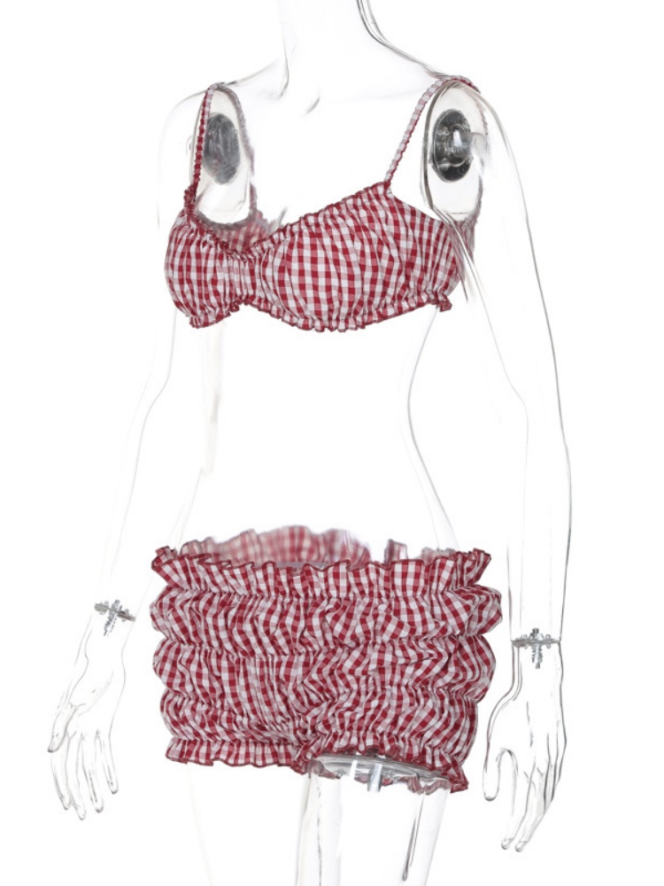 BOOFEENAA Red Gingham Two Piece Sets for Women Bikini Top and Low Rise Shorts Y2k Summer Vacation Outfits Woman 2025 P16-CD12