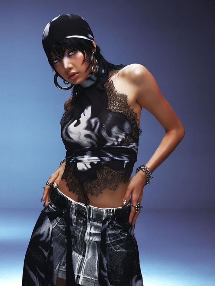 BOOFEENAA Lace Trim Print Backless Crop Tops Woman 2024 Summer High Quality Street Fashion Korean Tank Tops Women P71-BG10