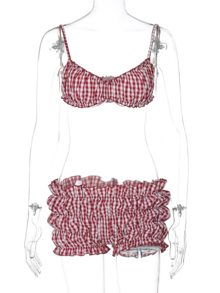 BOOFEENAA Red Gingham Two Piece Sets for Women Bikini Top and Low Rise Shorts Y2k Summer Vacation Outfits Woman 2025 P16-CD12