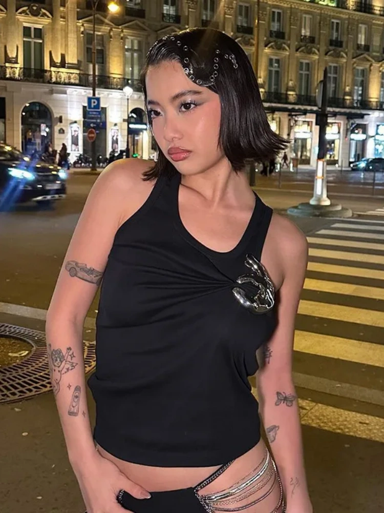 BOOFEENAA Hardware Detail Ribbed Tank Top Streetwear Fashion Y2k Clothes Girl Summer Tight Fitted Crop Tops White Black P66-BB13