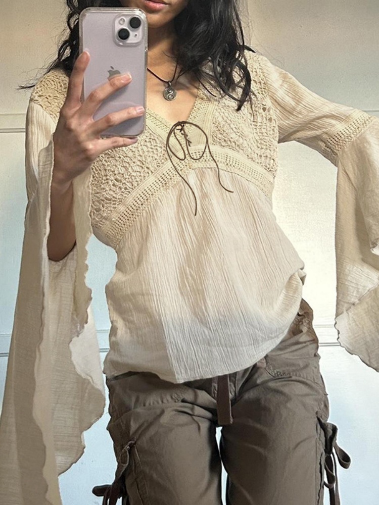 BOOFEENAA Fairy Gurnge Y2k Western Shirts Woman Flared Long Sleeve V Neck Tops Vintage Boho Earthy Hippie Clothes P67-DD15