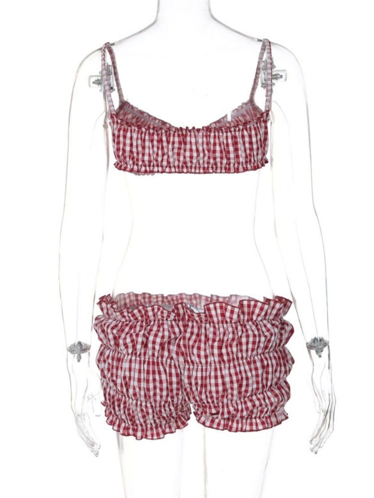BOOFEENAA Red Gingham Two Piece Sets for Women Bikini Top and Low Rise Shorts Y2k Summer Vacation Outfits Woman 2025 P16-CD12