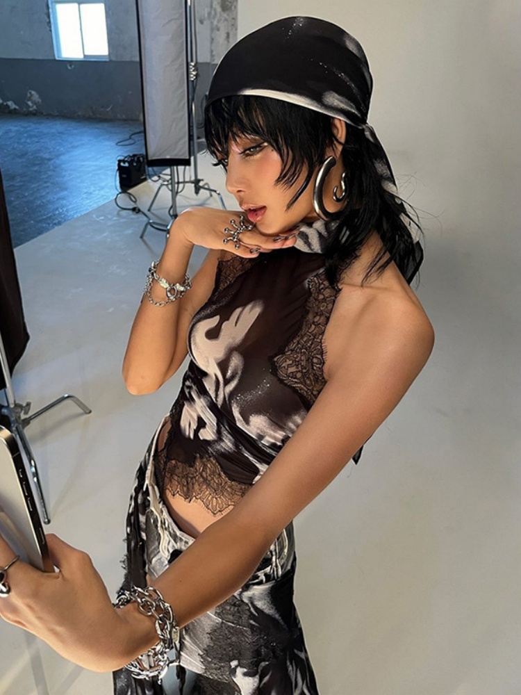 BOOFEENAA Lace Trim Print Backless Crop Tops Woman 2024 Summer High Quality Street Fashion Korean Tank Tops Women P71-BG10