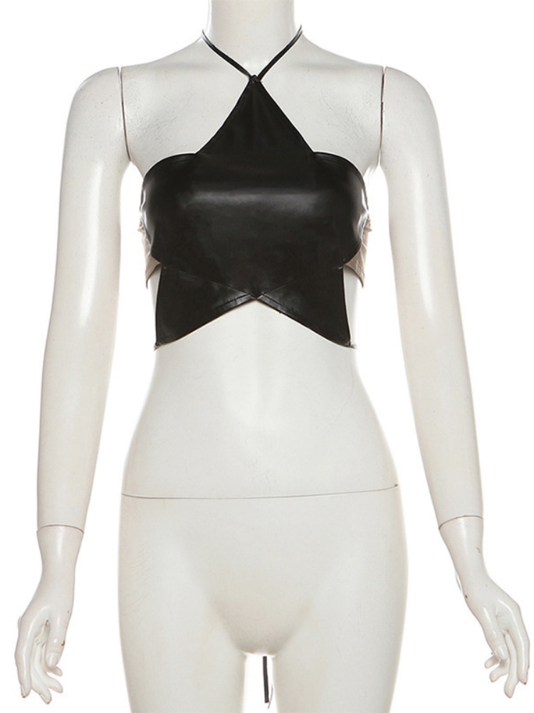 BOOFEENAA Star Halter Top Y2k Sexy PU Leather Black Backless Crop Tops Korean Fashion Alt Clothes Women Streetwear P71-BG12