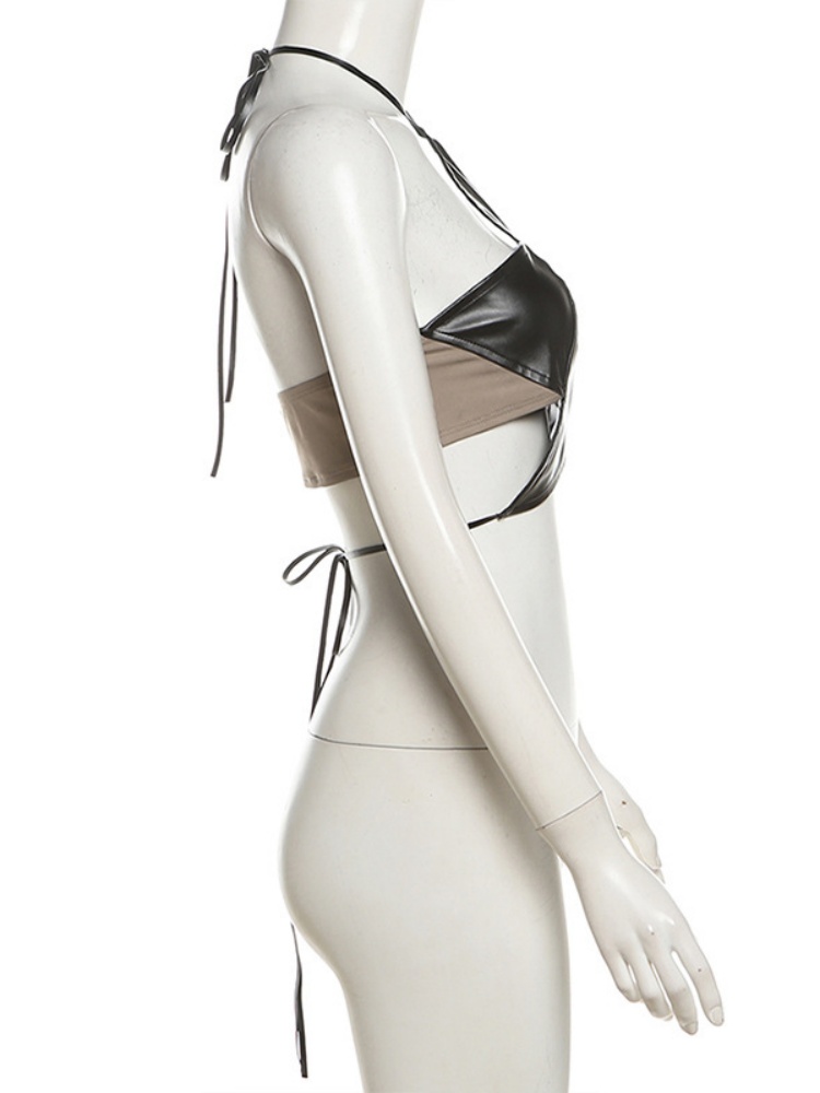 BOOFEENAA Star Halter Top Y2k Sexy PU Leather Black Backless Crop Tops Korean Fashion Alt Clothes Women Streetwear P71-BG12