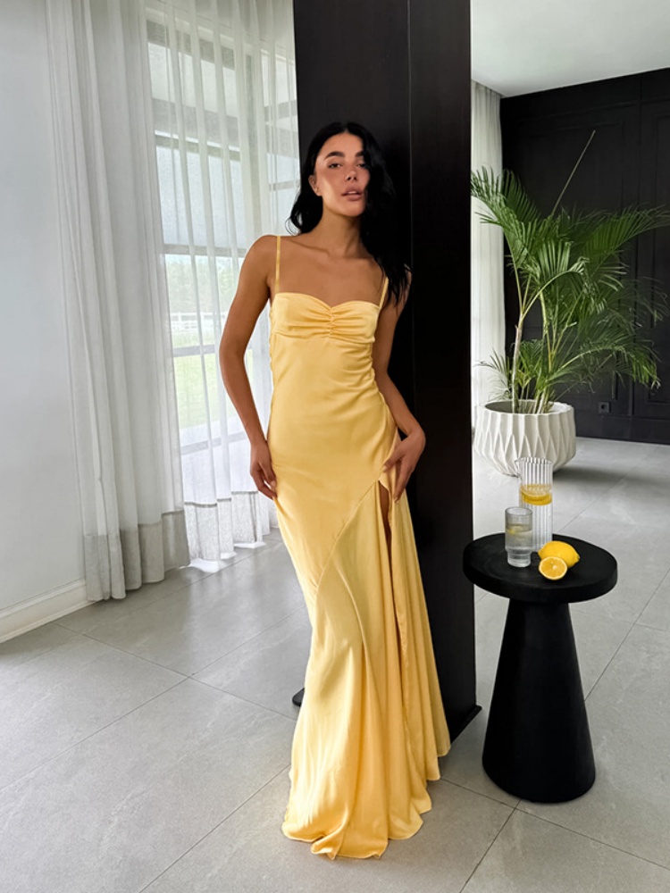 BOOFEENAA Elegant Satin Yellow Dresses for Party Spaghetti Strap Backless Split Long Maxi Dress Women Summer 2025 C66-DF22