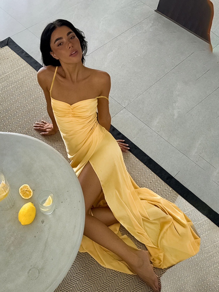 BOOFEENAA Elegant Satin Yellow Dresses for Party Spaghetti Strap Backless Split Long Maxi Dress Women Summer 2025 C66-DF22