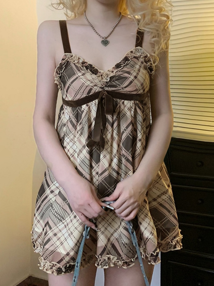 BOOFEENAA Brown Plaid Tank Tops for Women Gyaru Japanese 2000s Y2k Summer Bow Frill V Neck Backless Top Cute Clothing P84-CH14