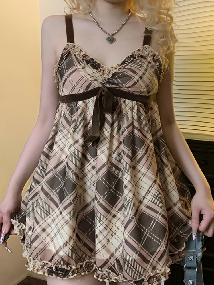 BOOFEENAA Brown Plaid Tank Tops for Women Gyaru Japanese 2000s Y2k Summer Bow Frill V Neck Backless Top Cute Clothing P84-CH14