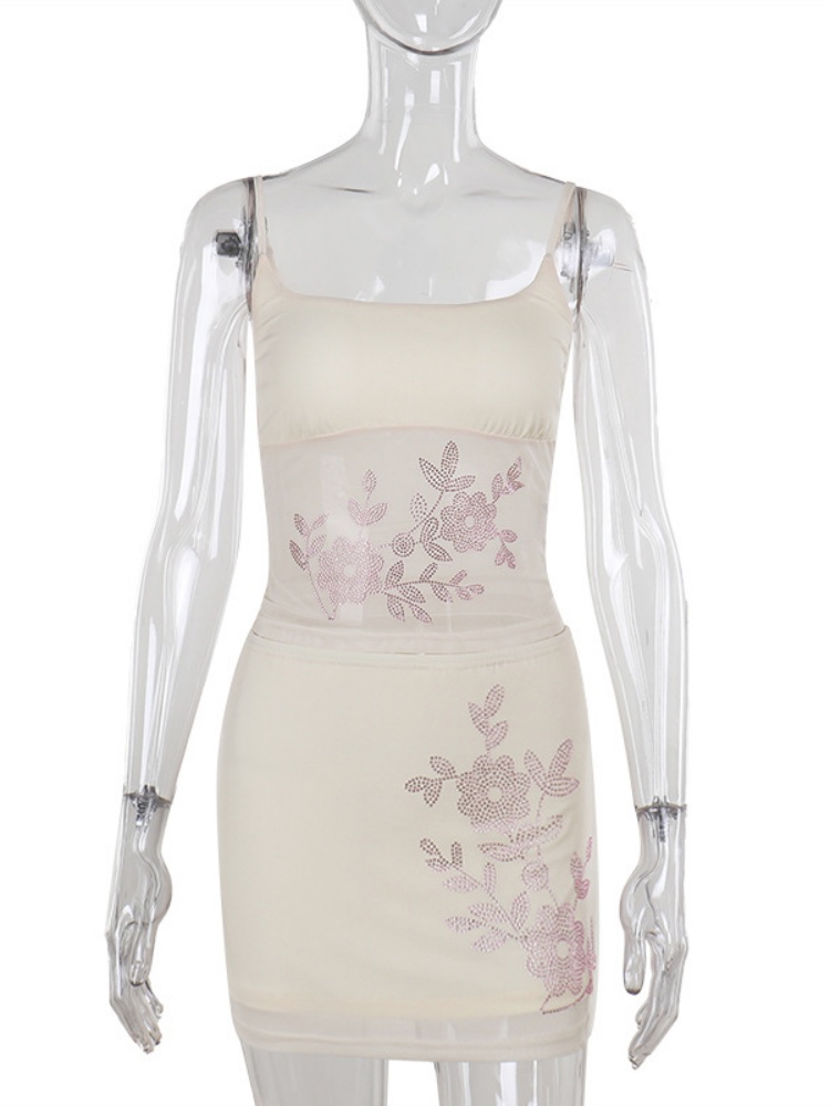 BOOFEENAA Matching 2 Piece Sets Womens Rhinestone Mesh Mini Skirt and Top Sexy Trendy Outfits Women Summer Clothes 2025 C66-CH14