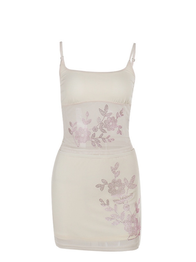 BOOFEENAA Matching 2 Piece Sets Womens Rhinestone Mesh Mini Skirt and Top Sexy Trendy Outfits Women Summer Clothes 2025 C66-CH14