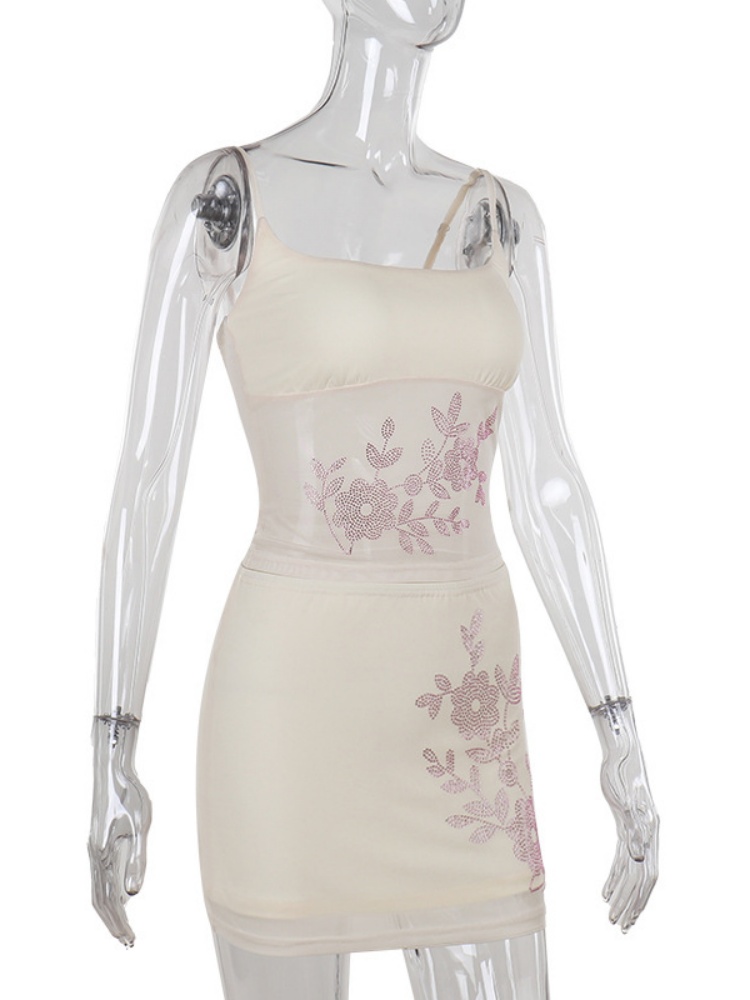 BOOFEENAA Matching 2 Piece Sets Womens Rhinestone Mesh Mini Skirt and Top Sexy Trendy Outfits Women Summer Clothes 2025 C66-CH14