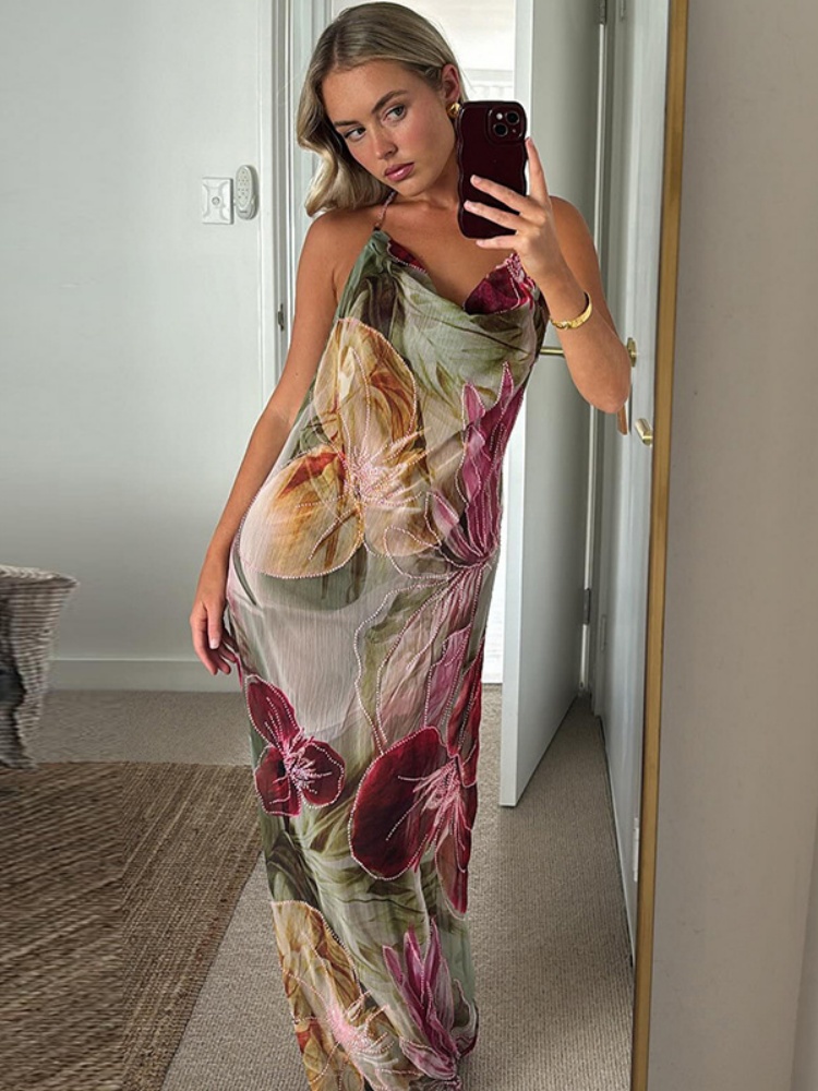 BOOFEENAA Floral Print Mesh Summer Dresses Women 2025 Fashion Sexy Backless Split Maxi Dress Beach Vacation Outfits C87-CC19