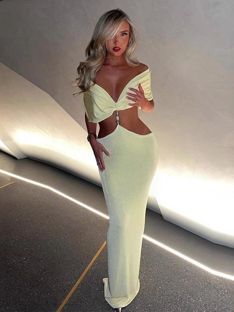 BOOFEENAA Hollow Off Shoulder Backless Maxi Dresses Woman Elegant Sexy Party Dress C0-EE40