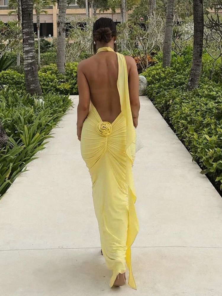 BOOFEENAA Long Party Dresses for Women Elegant Sexy Floral-applique Halter Backless Maxi Dress Summer Clothes 2024 C83-EG52