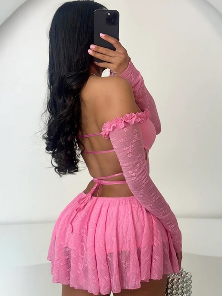 BOOFEENAA Frill Off Shoulder Hollow Out Lace Long Sleeve Dresses Women Clothing Cute Sexy Pink Mesh Mini Dress D78-ED26