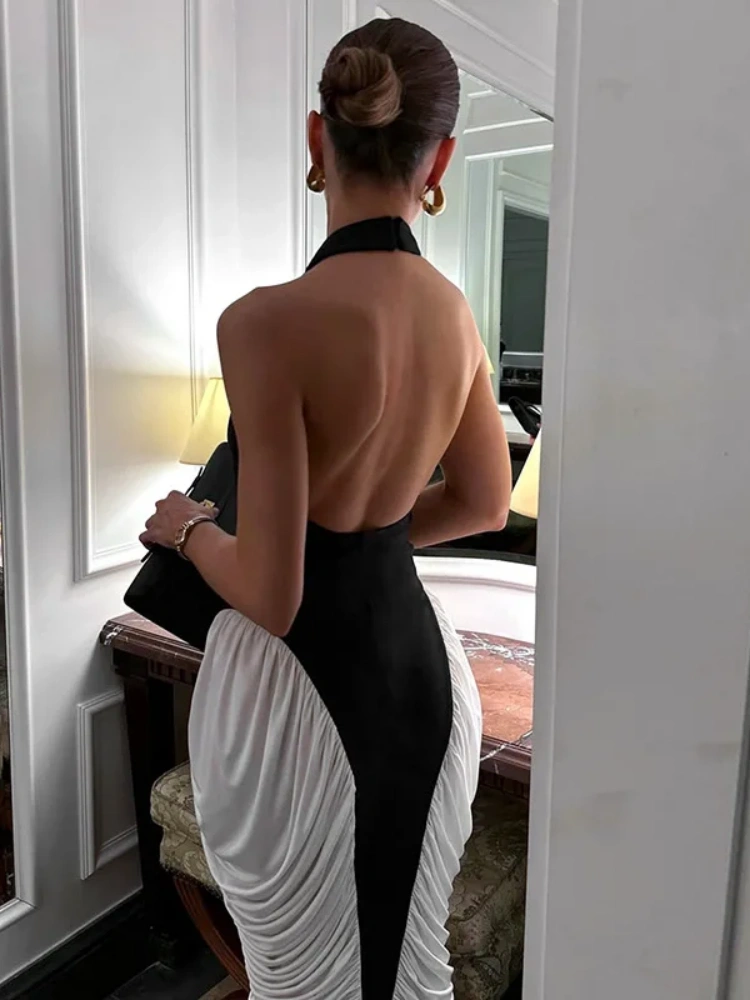 BOOFEENAA Halter Sleeveless Backless Ruched Midi Dress Black and White Patchwork Woman Clothes Sexy Elegant Party Dress C85-CI36