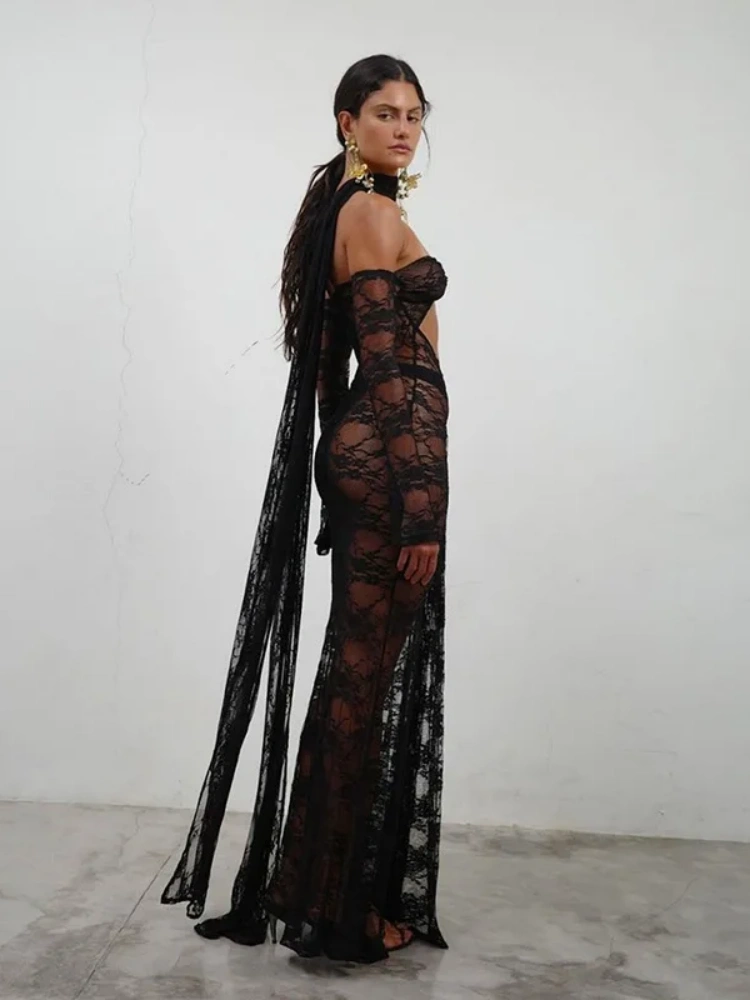 BOOFEENAA See Through Lace Mesh Black Sexy Dress 2025 Summer Beach Cutout Split Long Sleeve Dresses Maxi Vestidos C85-EE30