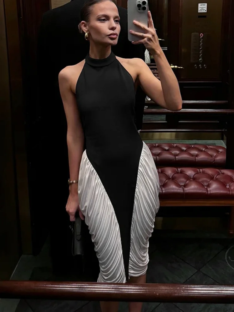 BOOFEENAA Halter Sleeveless Backless Ruched Midi Dress Black and White Patchwork Woman Clothes Sexy Elegant Party Dress C85-CI36