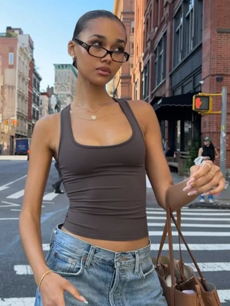 BOOFEENAA Square Neck Sleeveless Cropped Tops for Woman Summer Clothes Basic Casual Solid Color Tank Top Trending 2025 C95-AF10