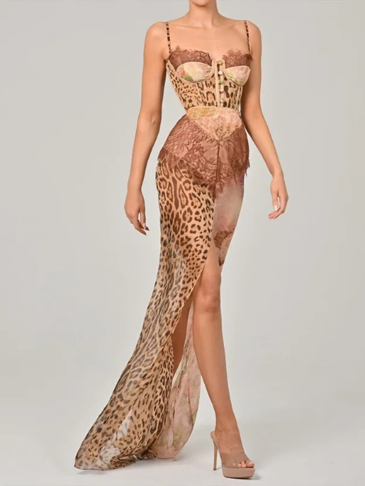 BOOFEENAA See Through Leopard Print Chiffon Maxi Dresses Woman 2025 Elegant Summer Sleeveless High Split Long Dress C92-FB24