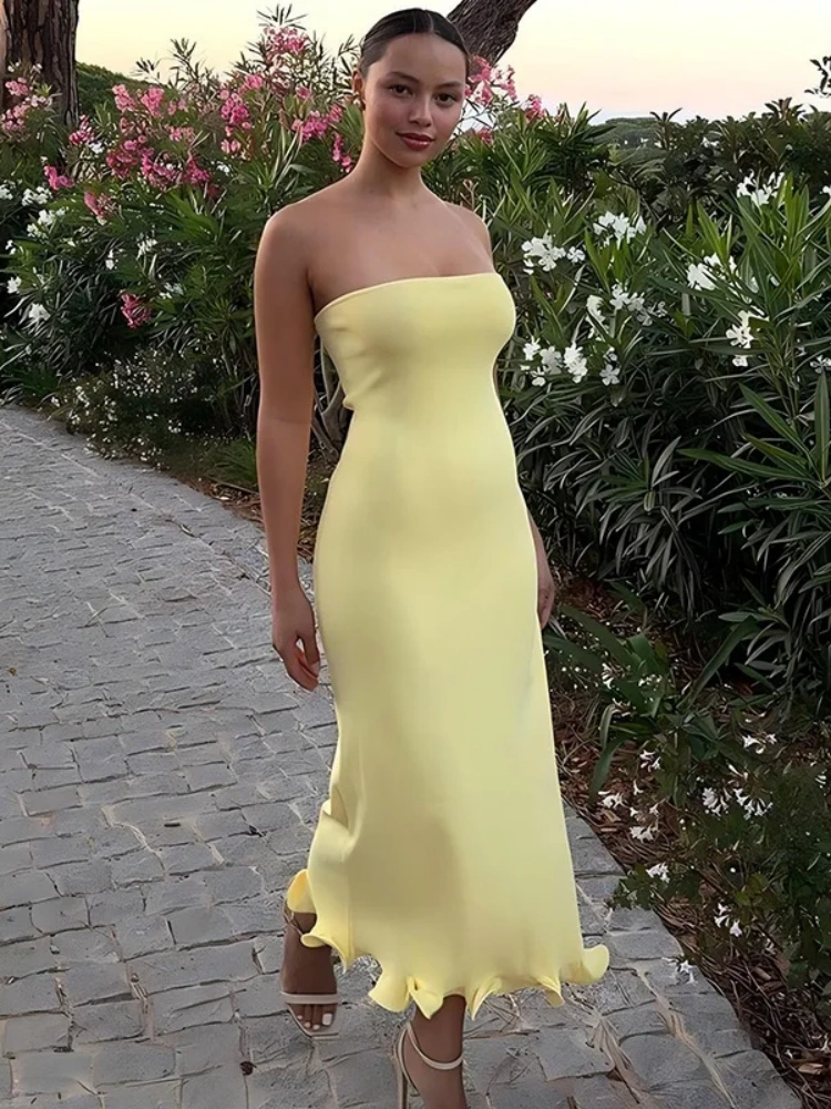 BOOFEENAA Ruffle Hem Strapless Backless Long Dresses 2024 Fashion Elegant Yellow White Black Dress Party Outfit Woman C15-BF28