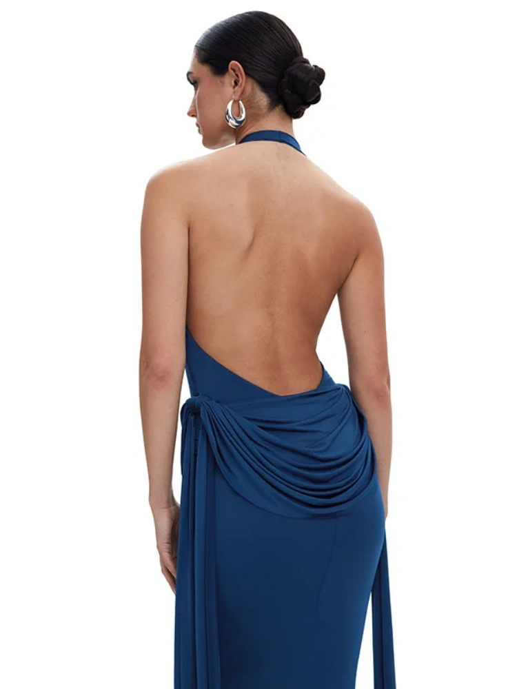 BOOFEENAA Halter Backless Draped Fishtail Maxi Dress Elegant Blue Party Dresses for Woman Clothing Summer 2025 C85-DD56