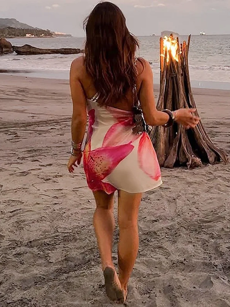 BOOFEENAA One Shoulder Backless Mini Dress Flower Printed Asymmetrical Dresses Sexy Vacation Summer Outfit Woman C16-BF23