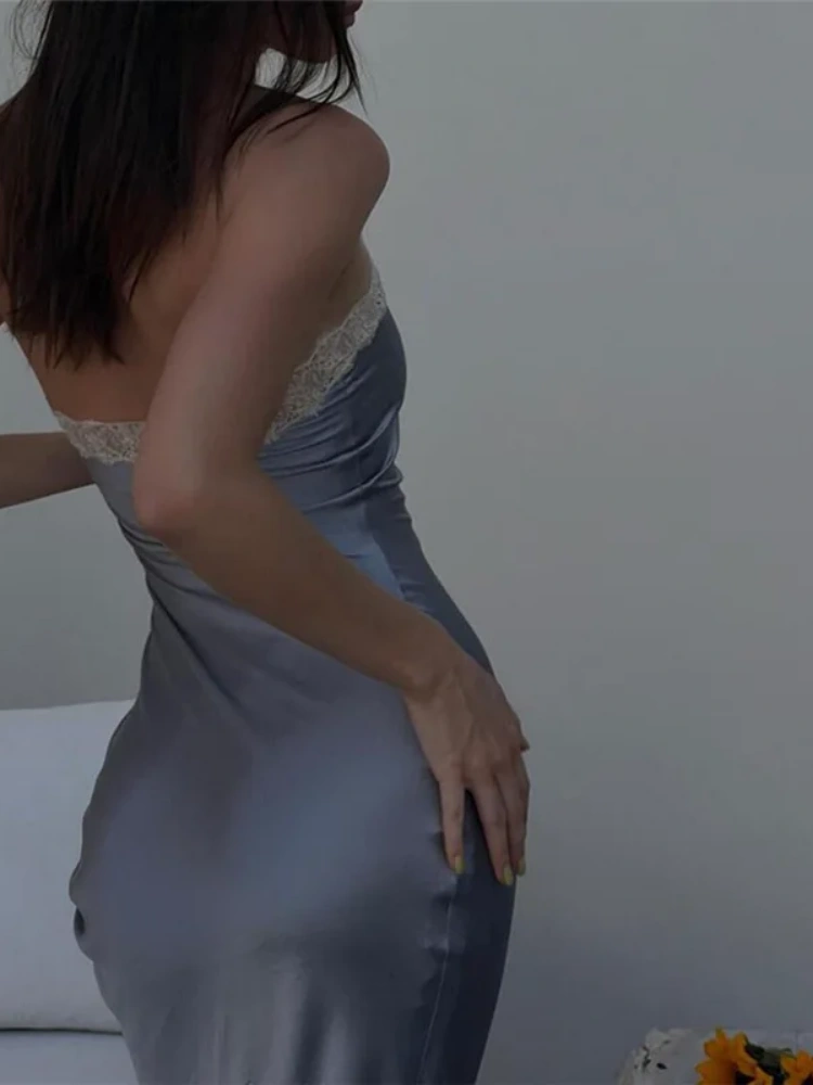 BOOFEENAA Lace Trim Satin Blue Slit Long Dress Sexy Club Outfit for Women Y2k Vintage Halter Backless Summer Dresses C83-CZ15