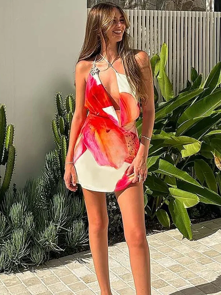 BOOFEENAA One Shoulder Backless Mini Dress Flower Printed Asymmetrical Dresses Sexy Vacation Summer Outfit Woman C16-BF23