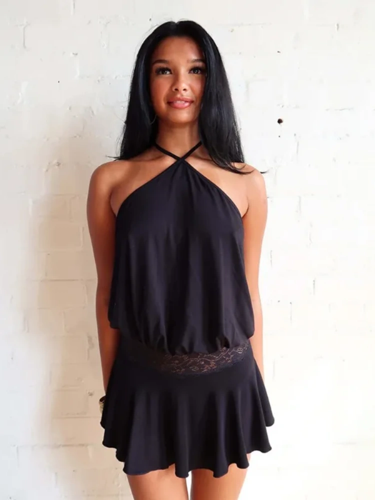 BOOFEENAA Lace Spliced Backless Halter Mini Dresses Sexy Club Dress Women Summer Clothes C92-BI24