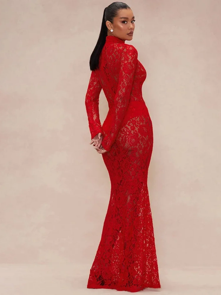 BOOFEENAA See Through Lace Red Black Evening Dresses Luxury Elegant Turtleneck Long Sleeve Fishtail Maxi Dress Women C85-CF25