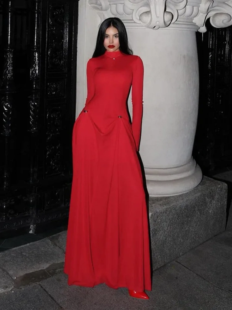 BOOFEENAA Long Sleeve Maxi Dresses for Women Elegant Red Evening Dress Ladies Party Outfits High Street Fashion 2025 C96-EC55