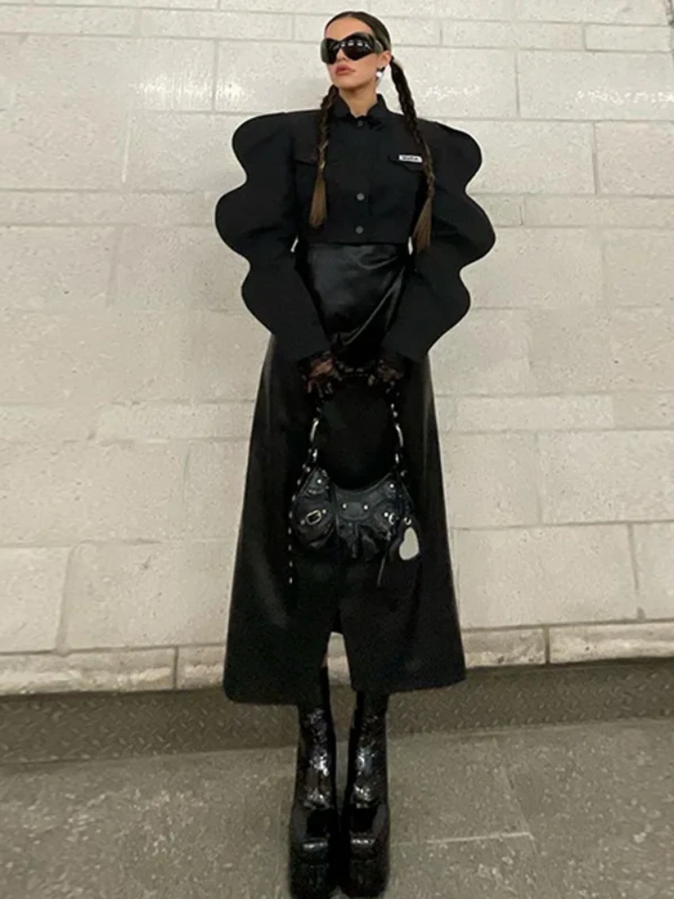 BOOFEENAA 3D Lantern Sleeve Black Cropped Jackets for Women 2025 Fashion Style Cardigan Futuristic Clothing Outerwear C83-DE39