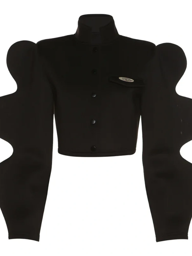 BOOFEENAA 3D Lantern Sleeve Black Cropped Jackets for Women 2025 Fashion Style Cardigan Futuristic Clothing Outerwear C83-DE39