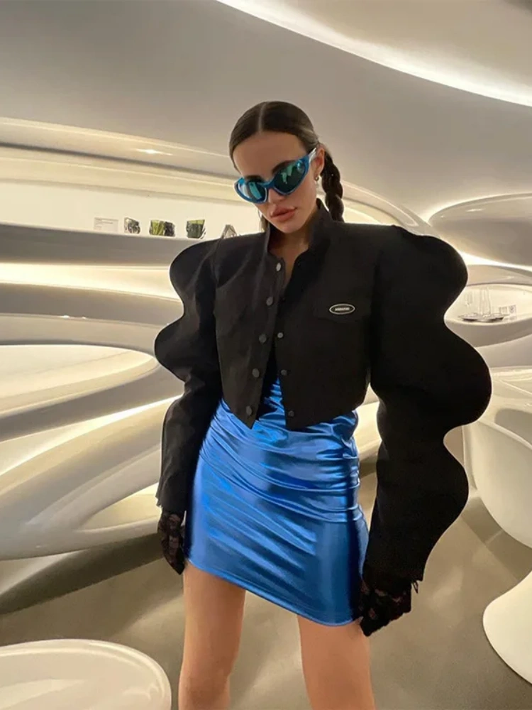 BOOFEENAA 3D Lantern Sleeve Black Cropped Jackets for Women 2025 Fashion Style Cardigan Futuristic Clothing Outerwear C83-DE39