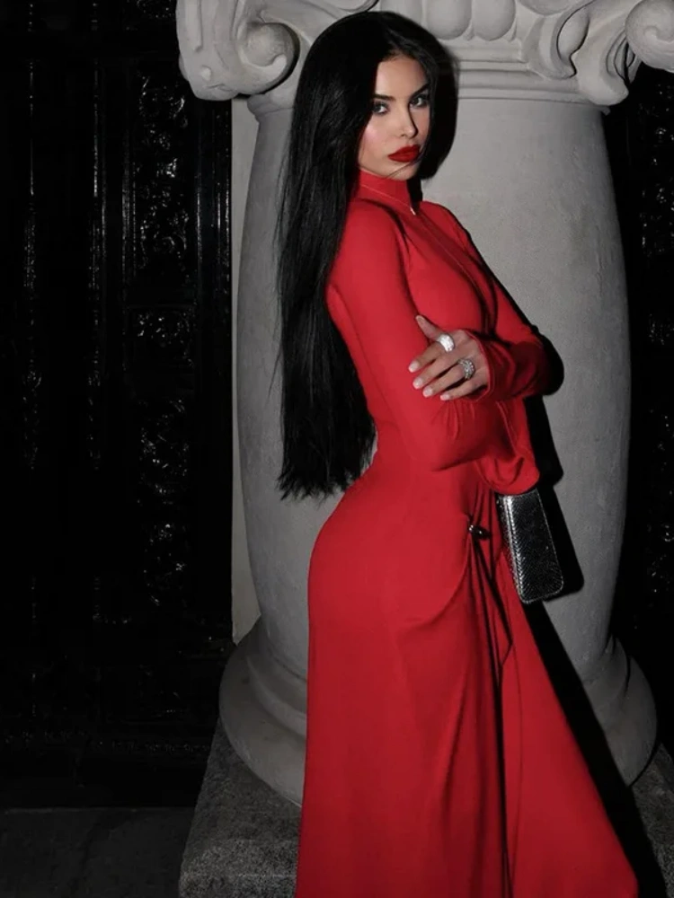 BOOFEENAA Long Sleeve Maxi Dresses for Women Elegant Red Evening Dress Ladies Party Outfits High Street Fashion 2025 C96-EC55