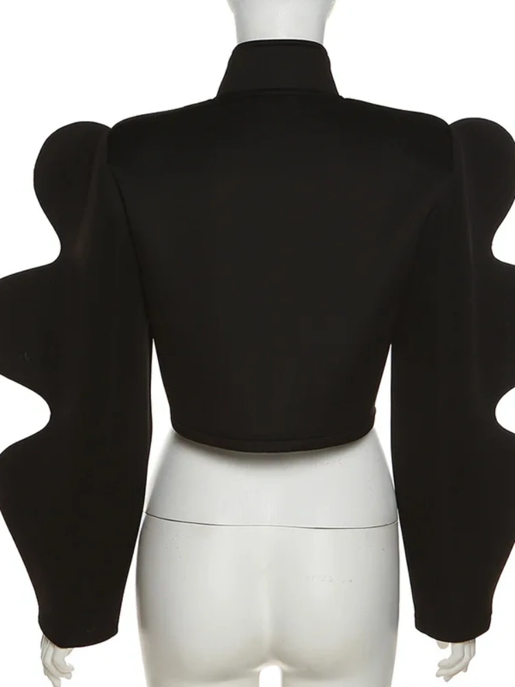 BOOFEENAA 3D Lantern Sleeve Black Cropped Jackets for Women 2025 Fashion Style Cardigan Futuristic Clothing Outerwear C83-DE39