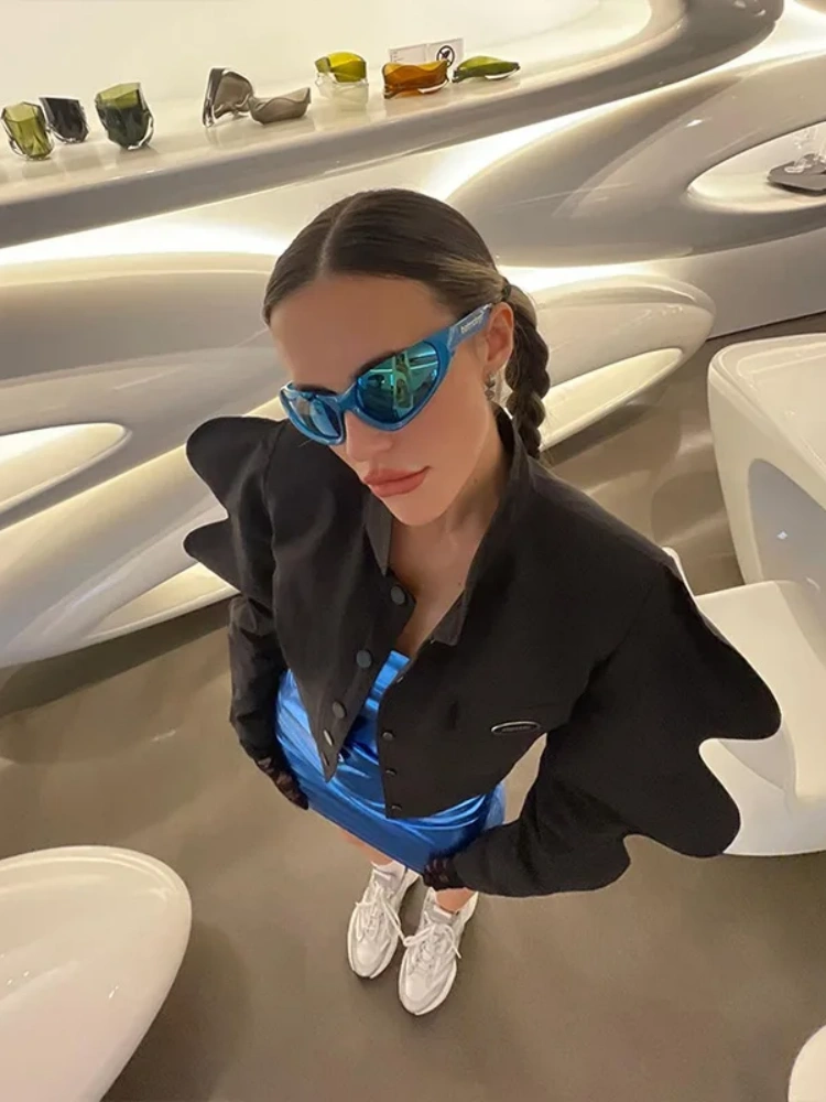 BOOFEENAA 3D Lantern Sleeve Black Cropped Jackets for Women 2025 Fashion Style Cardigan Futuristic Clothing Outerwear C83-DE39