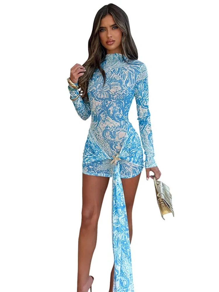 BOOFEENAA Blue Print Mesh Sheer Bodycon Dress Starfish-applique Draped Long Sleeve Mini Dresses Woman Elegant C85-CG23
