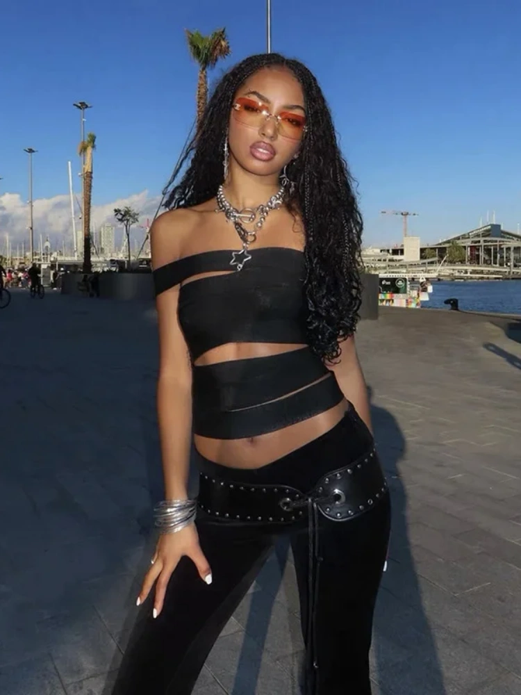 BOOFEENAA Asymmetrical Cutout Off The Shoulder Crop Tops Streetwear Woman Fashion Sexy Summer Tank Top Black P94-AI27