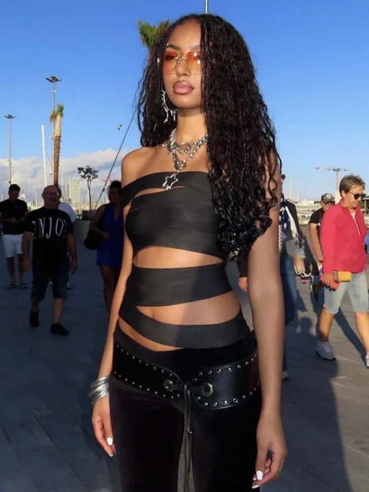 BOOFEENAA Asymmetrical Cutout Off The Shoulder Crop Tops Streetwear Woman Fashion Sexy Summer Tank Top Black P94-AI27