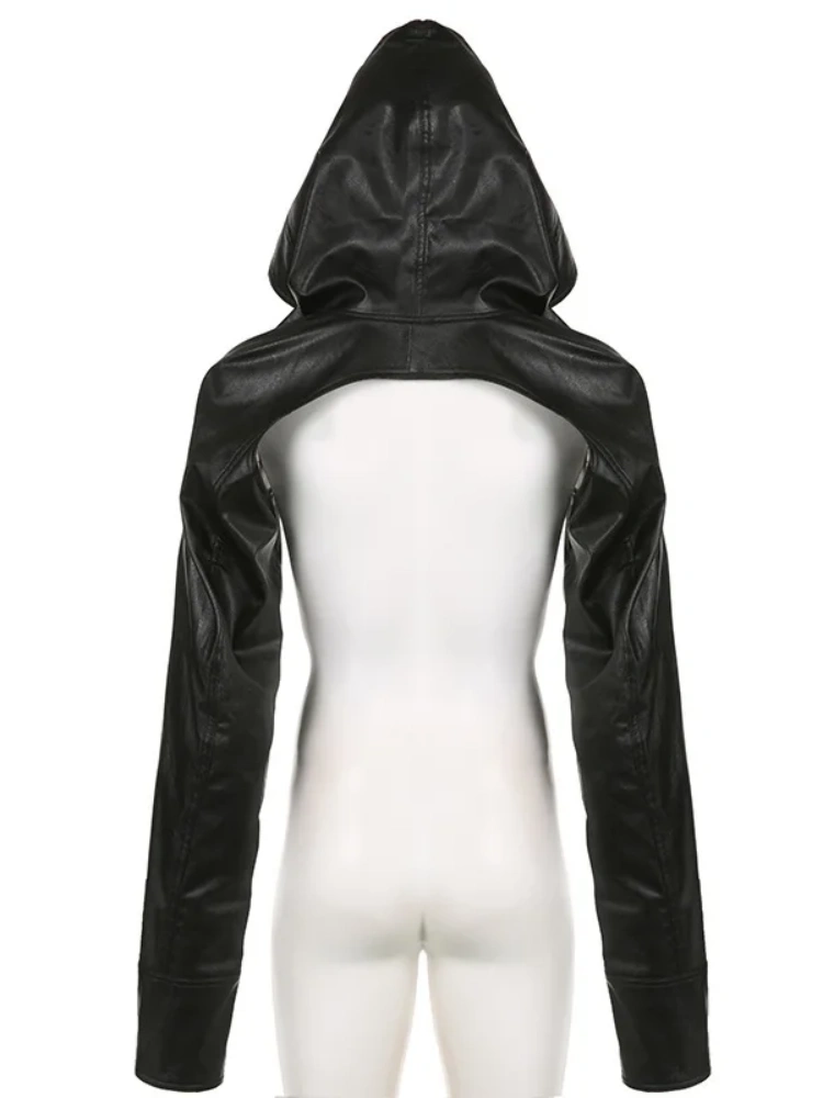 BOOFEENAA Crop Faux Leather Jacket Hip Hop Streetwear Hooded Ultra Short Black Coat Fall 2023 Fashion Women Clothing P84-DD33