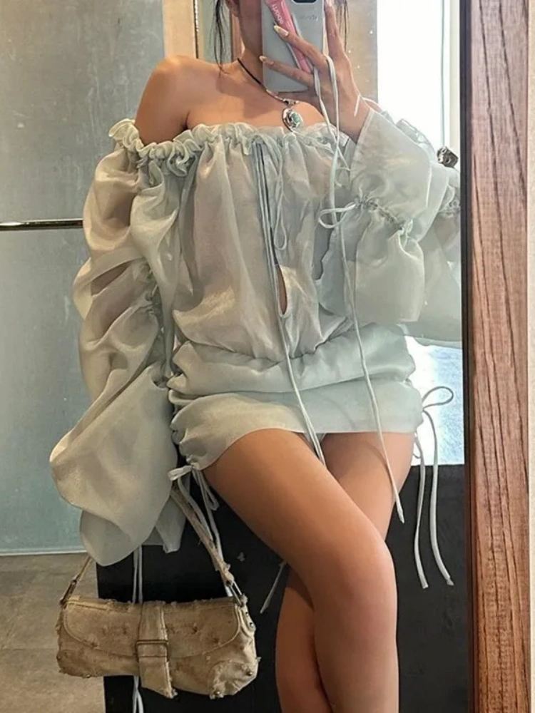 BOOFEENAA Flowy Off Shoulder Lantern Long Sleeve Backless Dresses Sexy Clothes Woman Vacation Outfits Sheer Mini Dress P33-DI16