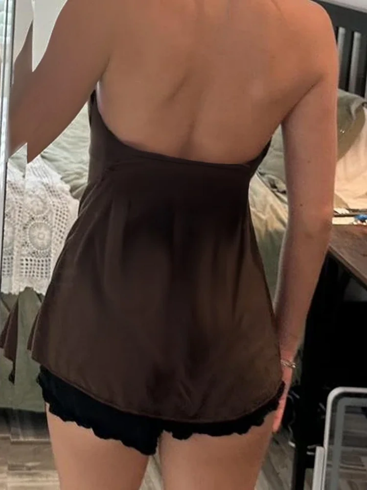 BOOFEENAA Brown Embroidered V Neck Backless Halter Top 2000s Clothes Y2k Vintage Sexy Tank Tops Women Summer 2025 P84-BC10
