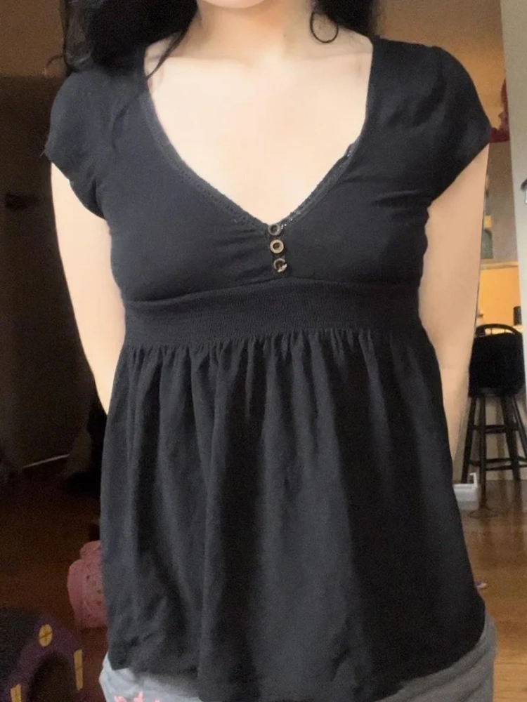 BOOFEENAA Lace Trim V Neck Short Sleeve Tops Woman 2025 Summer T Shirts Cutecore Clothes Kawaii Teen Shoujo Girl Style P67-CG18