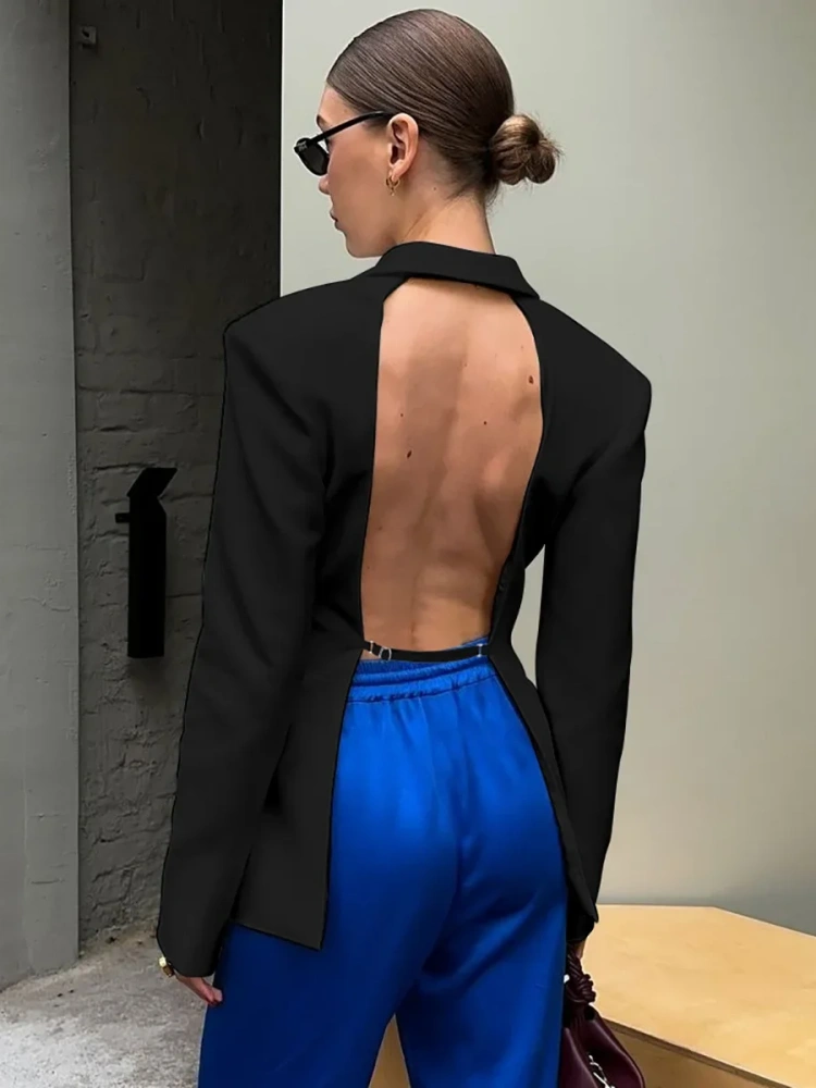BOOFEENAA Hollow Out Backless Blazers Fall Clothes 2025 Women Fashion Sexy Long Sleeve Top White Black Jacket C70-GI48
