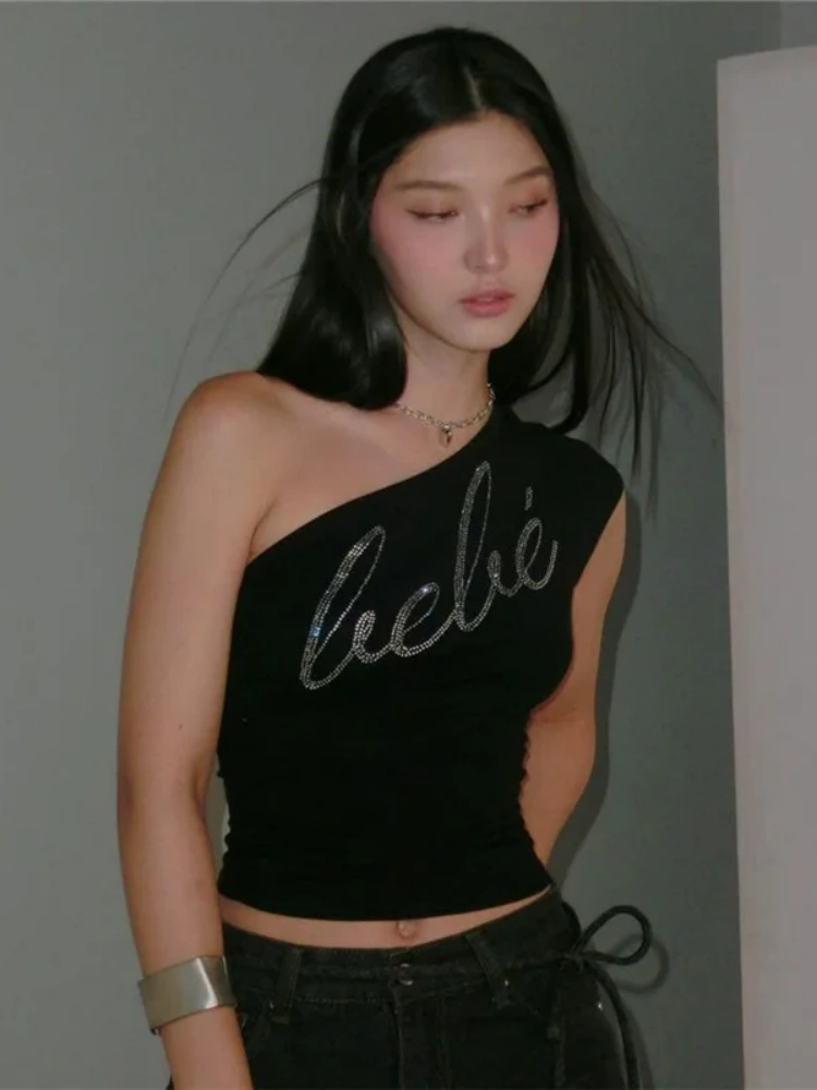 BOOFEENAA Letter Rhinestone Tank Top Woman Summer Y2k Clothes 2000s Irregular One Shoulder Crop Tops Black P71-BZ10