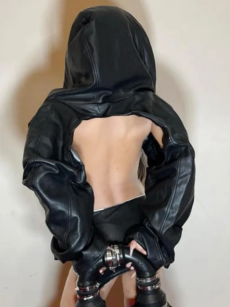 BOOFEENAA Crop Faux Leather Jacket Hip Hop Streetwear Hooded Ultra Short Black Coat Fall 2023 Fashion Women Clothing P84-DD33