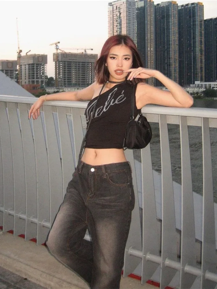 BOOFEENAA Letter Rhinestone Tank Top Woman Summer Y2k Clothes 2000s Irregular One Shoulder Crop Tops Black P71-BZ10